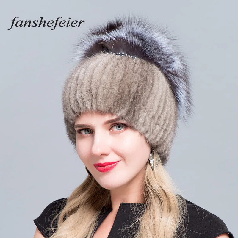 Fanshe, Новая зимняя Женская лыжная шапка, меховая шапка с капюшоном, мех серебристой лисы, вязаная теплая Высококачественная меховая норковая шапка ручной работы, прошитая текстура - Цвет: colour02