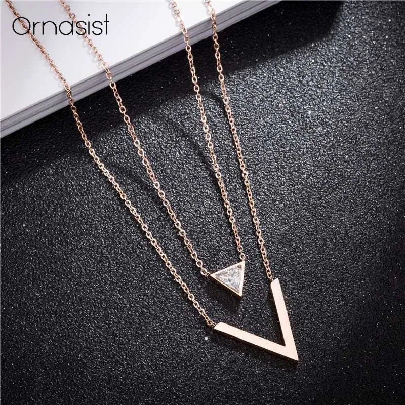 Простое треугольное многослойное ожерелье из циркона розовое золото титановая
