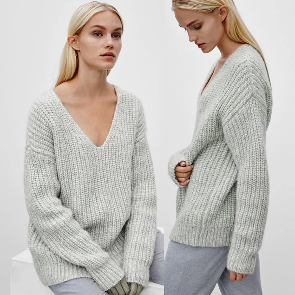 CHAMSGEND 2018 Fashion Women Sweater Solid Grey Deep V Neck Loose Casual Style Plus Size Long Sleeve Knitwear Female Pullovers | Женская