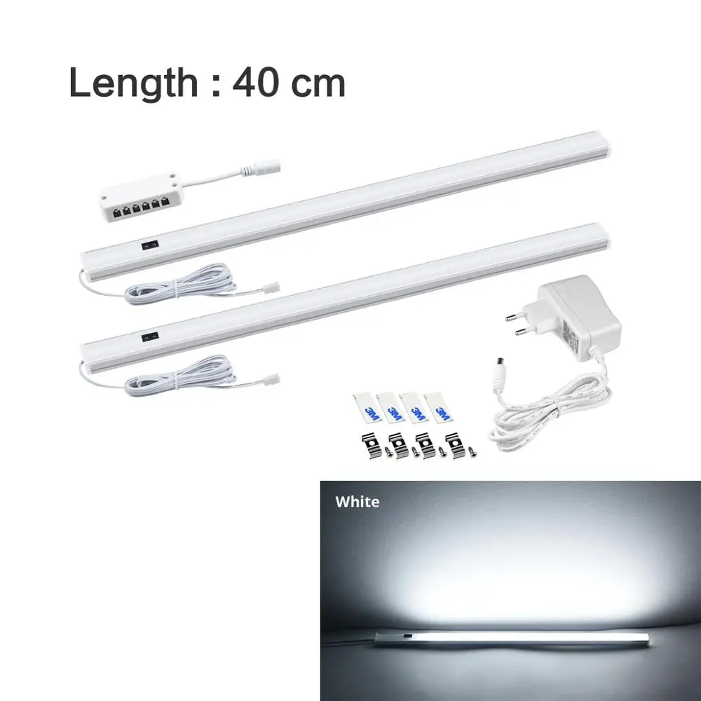 White 40cm x 2Pcs 2 шт. светодиодный светильник для Кухня ручная лампа сканера со штепсельной вилкой европейского стандарта 12V ручной Сенсор переключатель светодиодный светильник жесткая бар светильник для Спальня шкаф лампы - Цвет: White 40cm x 2Pcs