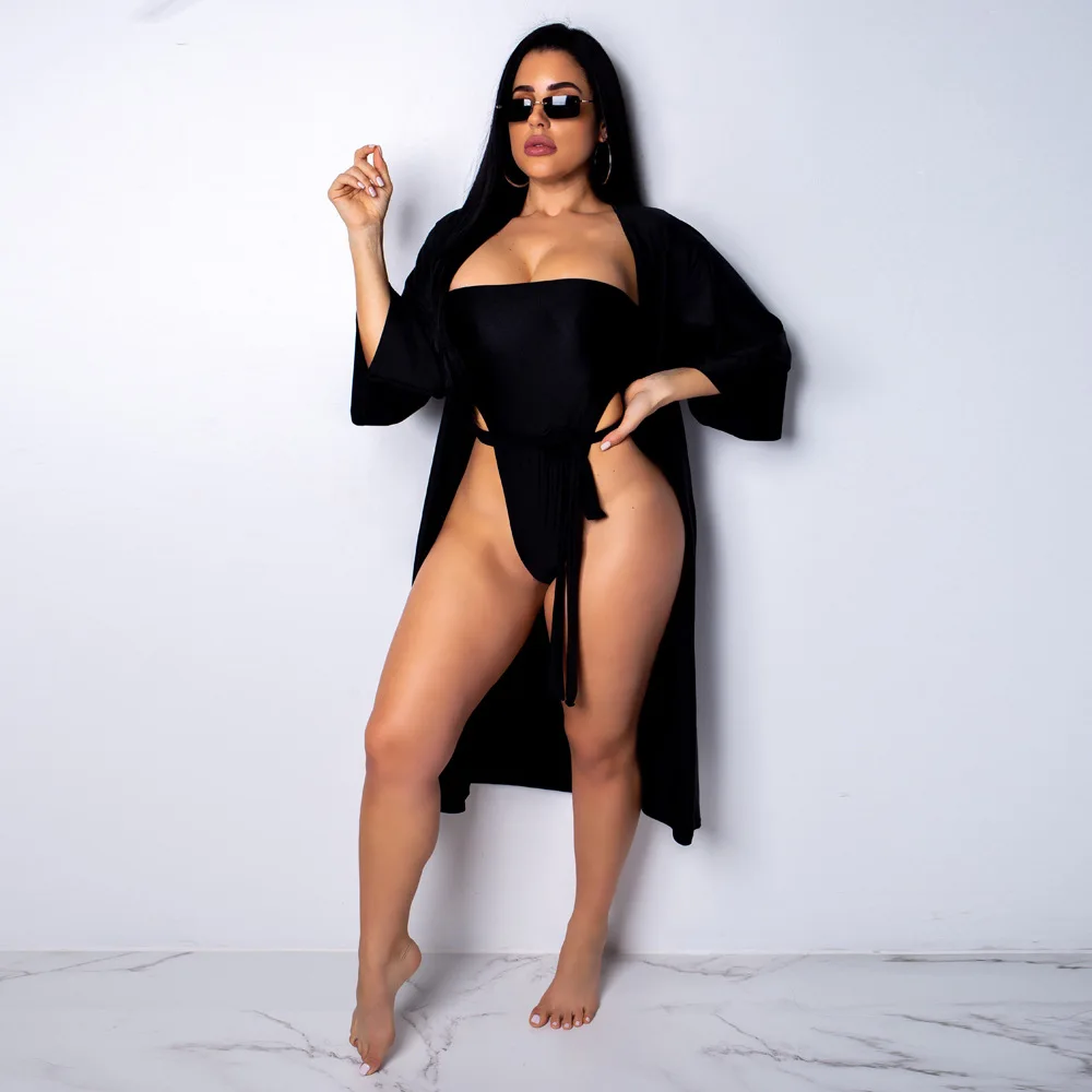 Черный топ-труба облегающий боди на бретельках и Длинная накидка с длинным