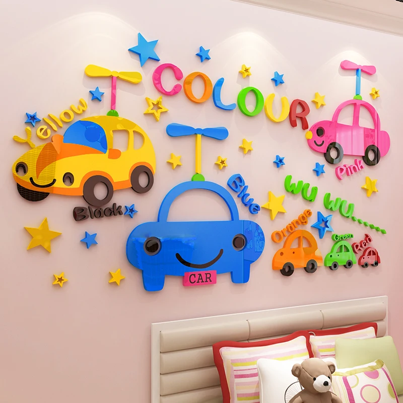 Creative INS Cartoon car DIY Children's room bedroom home living room TV background wall decoration 3D acrylic wall stickers