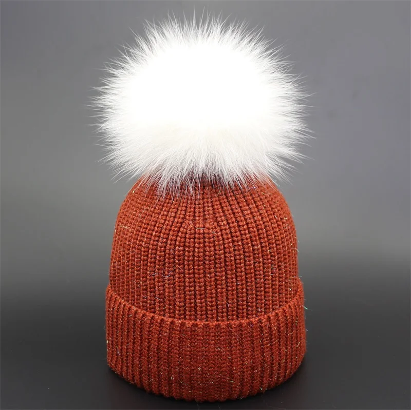 Женская шапка из белого лисьего меха, Шапка-бини skullies, шапки gorro, зимние шапки для девочек, шапки с помпоном