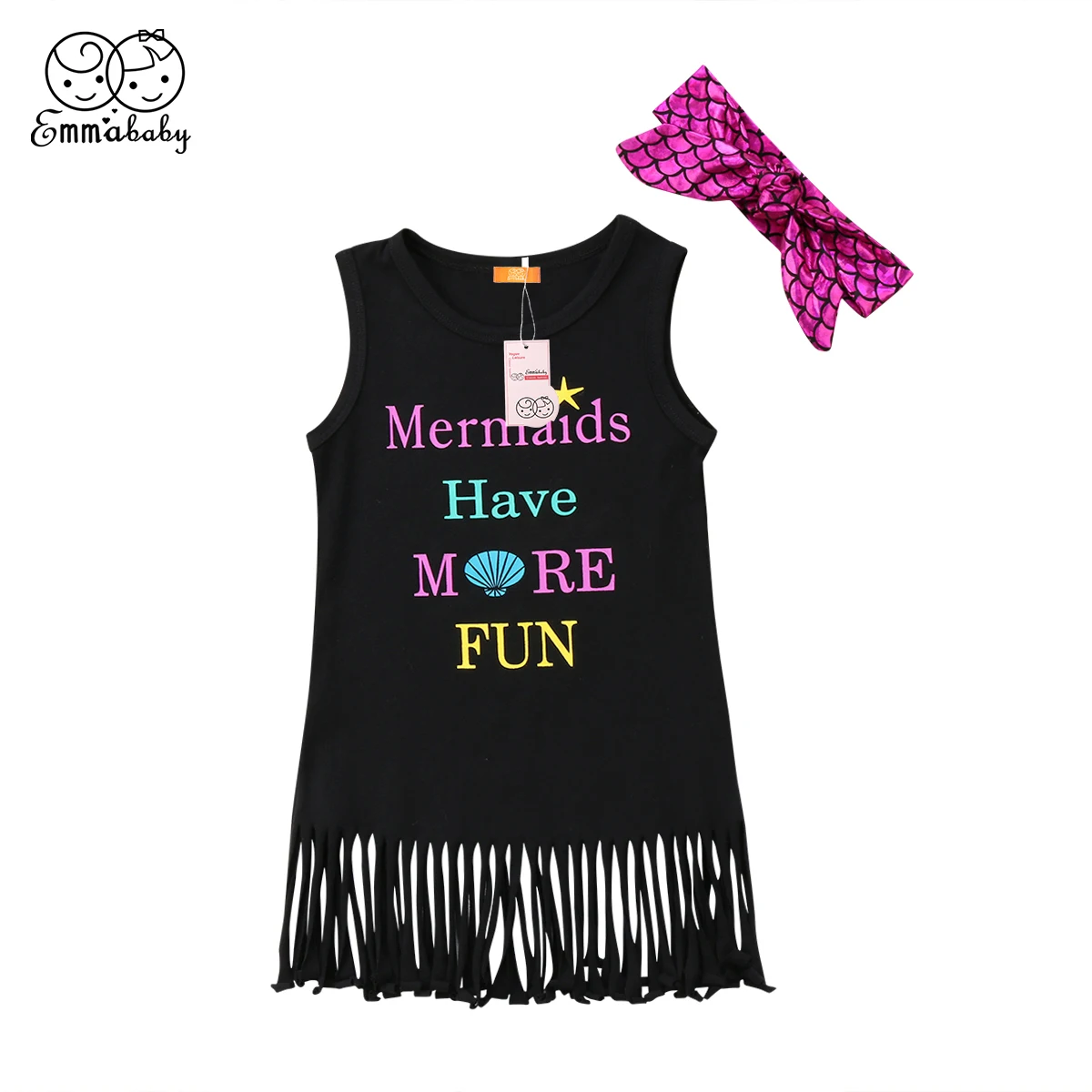 Emmababy Baby Girl Kids Summer Letter Print Tassel Sleeveless Vest Dress Headwear Princess Party Dresses 2 Pcs | Мать и ребенок