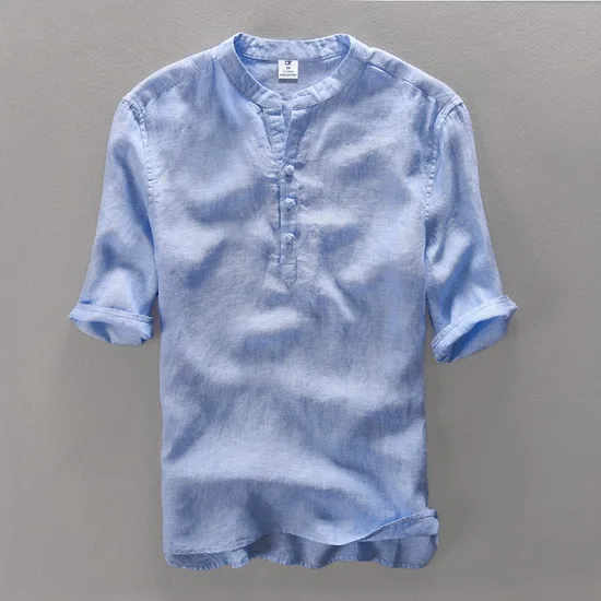 Light blue Брендовая одежда, лен, мужская рубашка, облегающая, повседневная одежда, рубашки, мужская летняя рубашка с коротким рукавом, s camisa masculina camisa - Цвет: Light blue