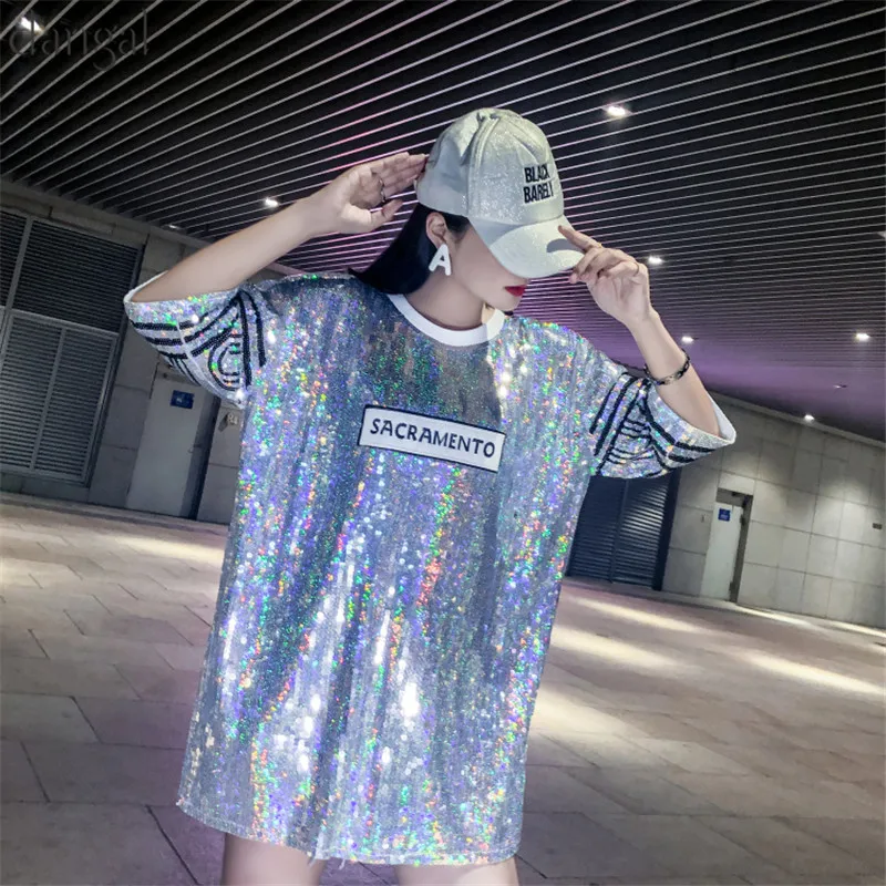 Футболка с блестками и ожерельем 2018 модная Блестящая футболка в стиле хип-хоп