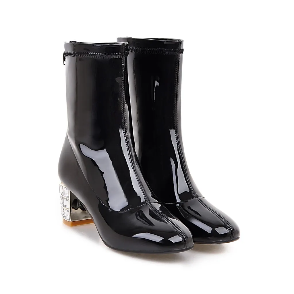 Black Thick Lining Распродажа Фирменная Новинка Зима Мода бежевый Для женщин до середины икры Сапоги для верховой езды Глянцевая Леди обувь квадратный каблук EH191 плюс большой размер 10(43 - Цвет: Black Thick Lining