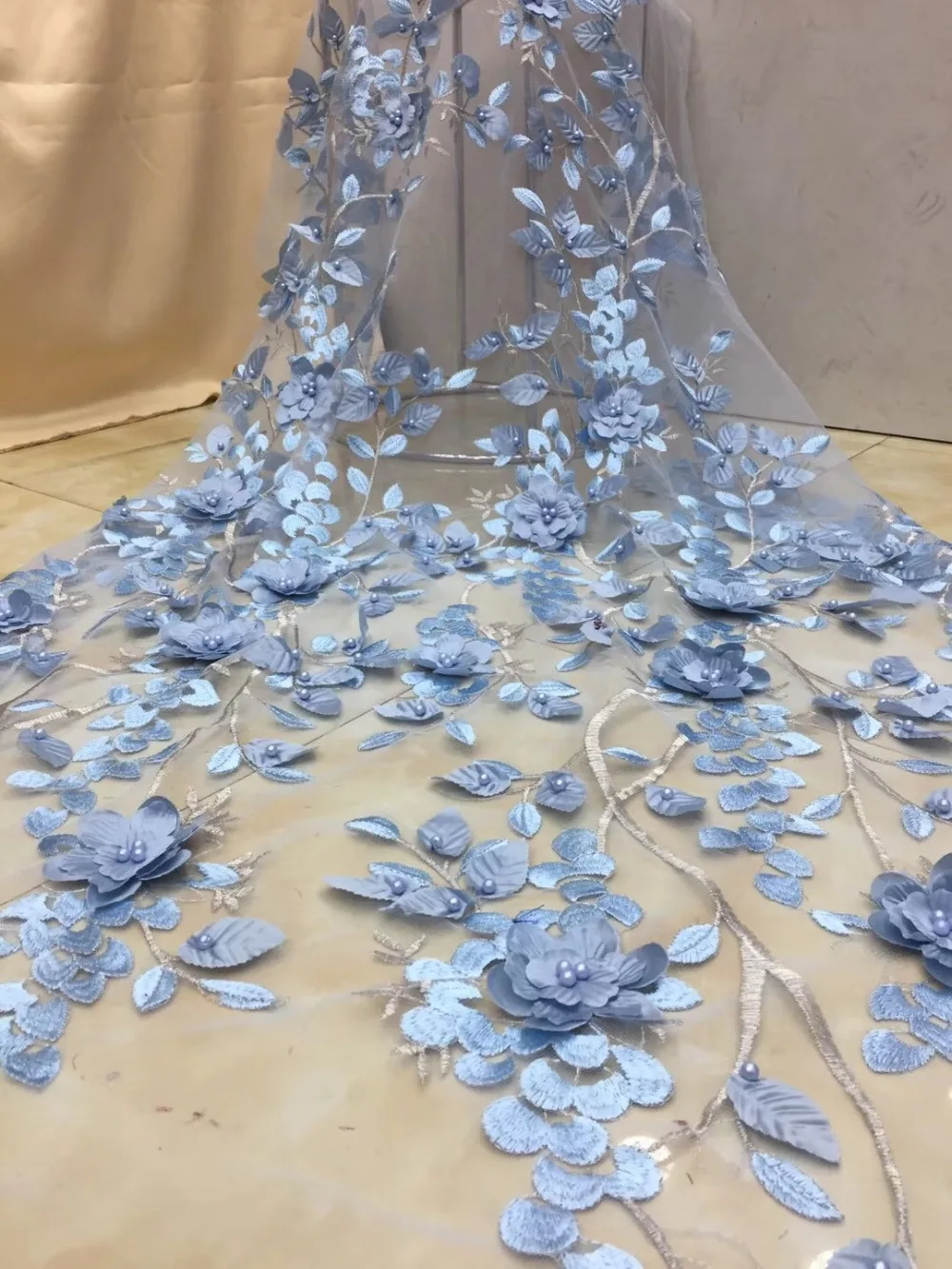 Новое поступление royalblue 3D цветочное кружево тюль ткань высокого качества бисер