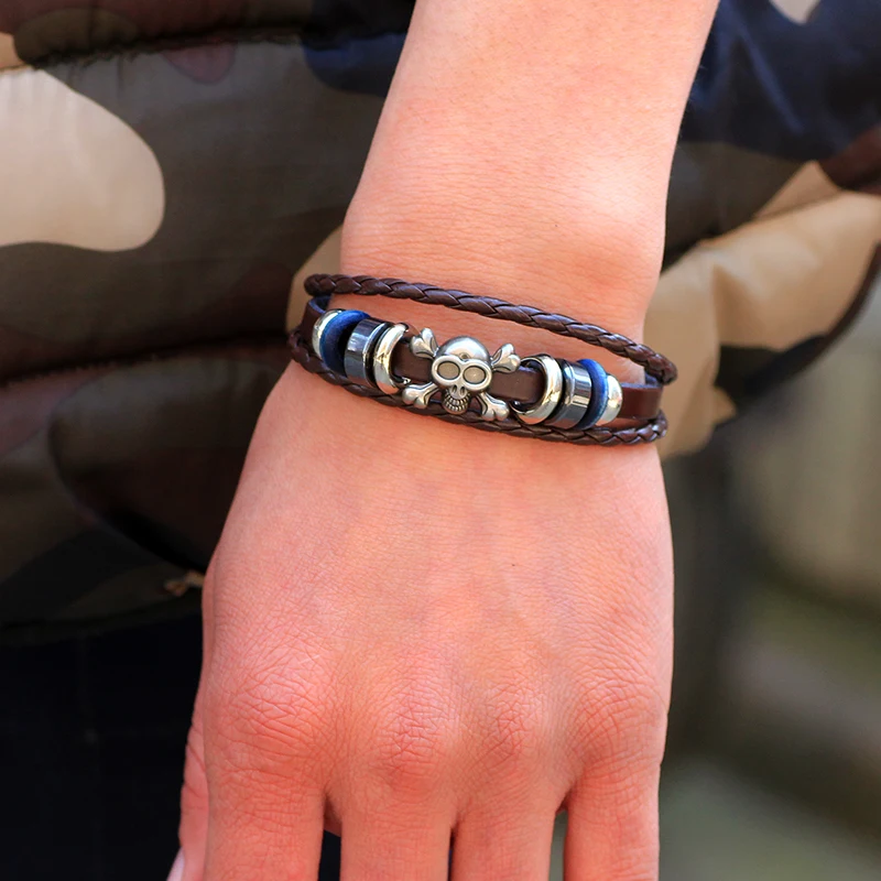 Новые мужские плетеные браслеты из натуральной кожи с черепами в стиле панк рок