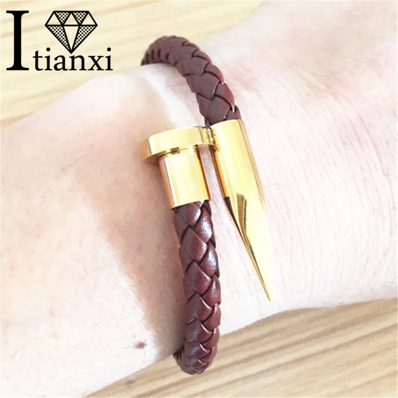 Sporty Design Boys Genuine Leather Bracelet Bangles Male Jewelry Trendy Braided Brand Nail Charm Men | Украшения и аксессуары