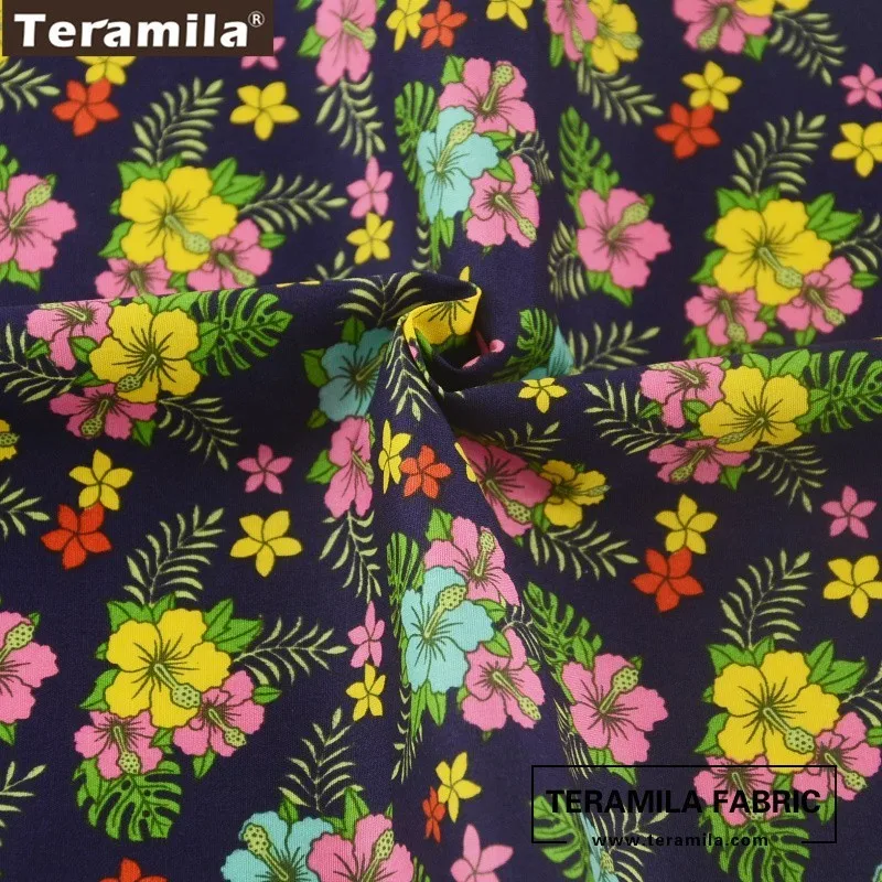 Teramila Cotton Poplin Fabric Printed Wild Flower With Leaves Design Fat Quarter Meter Navy Quilting Decoration Shirt Crafts|cotton poplin|cotton