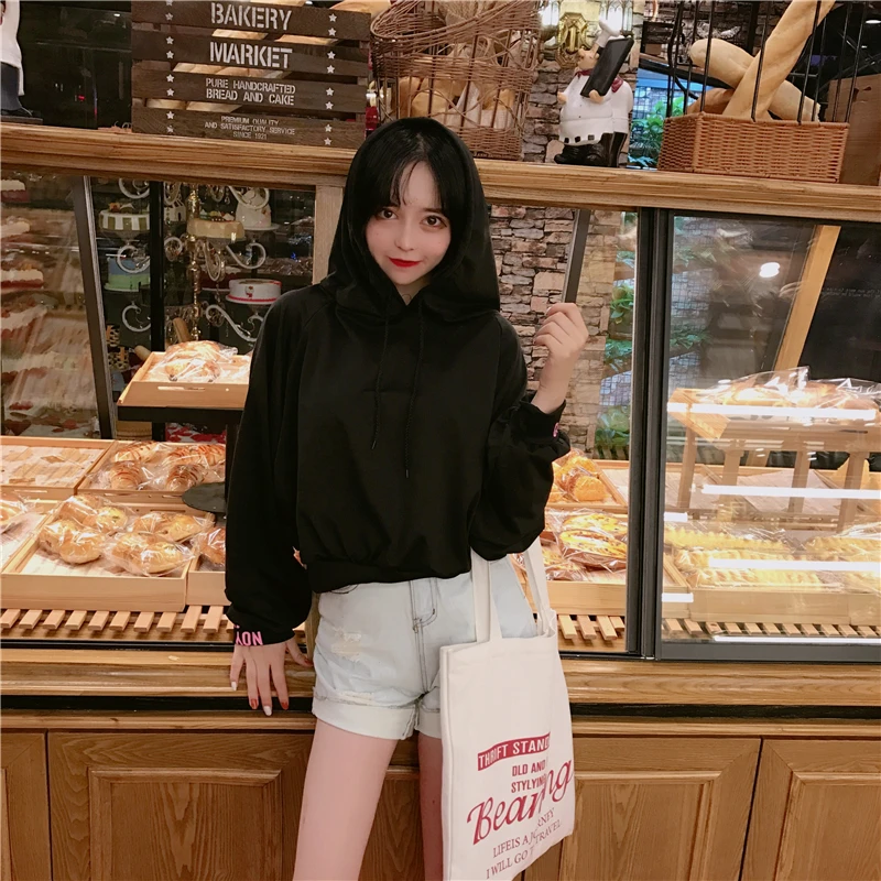 Большие размеры толстовки Ulzzang для женщин с буквенным принтом фонарь рукав короткий стиль пуловер для женщин s толстовки с капюшоном Новое поступление прекрасный