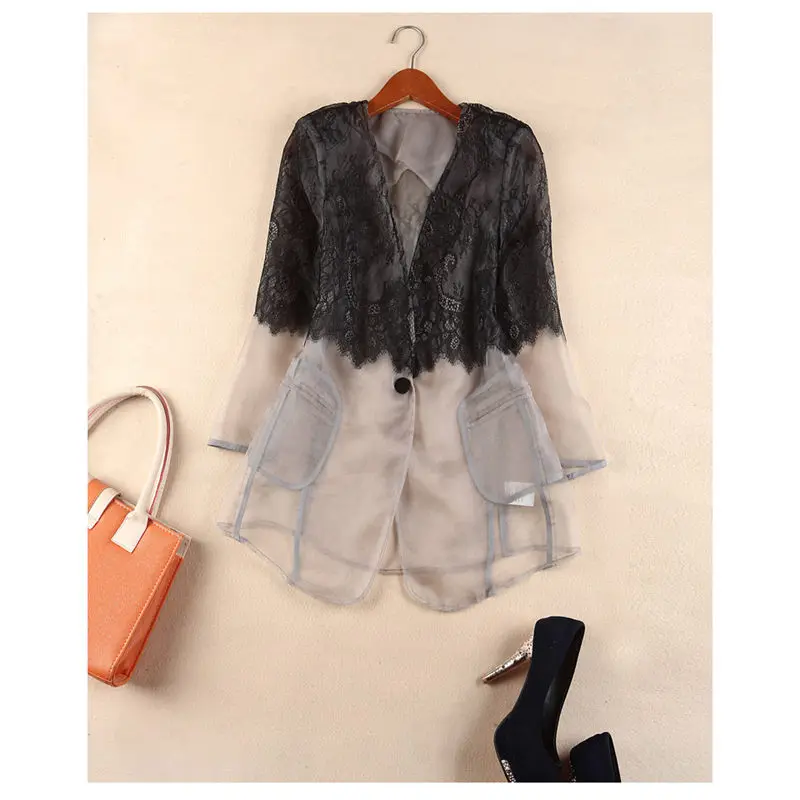 Женский пиджак из органзы тонкий кружевной с v образным вырезом и рукавами семь