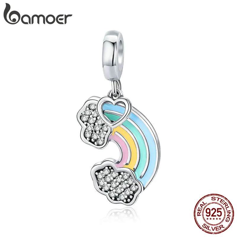 BAMOER, 925 пробы, серебряная, Радужная, красочная, эмалированная подвеска в форме сердца, подходят для оригинальных браслетов, сделай сам, аксессуары для изготовления ювелирных изделий SCC905