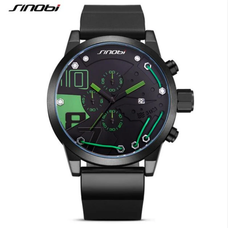 

SINOBI Top Brand Chronograph Sport Watches Silicone Strap Waterproof Men's Watch Men Watch Auto Date Clock relogio masculino