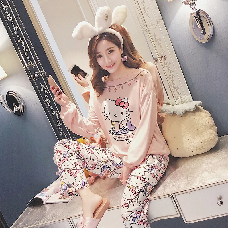 Hello kitty Пижамный комплект для женщин милая Домашняя одежда костюм пуловер с