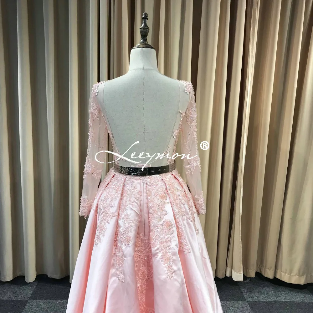 Leeymon Long Sleeves Open Back Pink Satin Prom Dress Court Train Fashion 2020 New Prom Gown for Party LY7251
