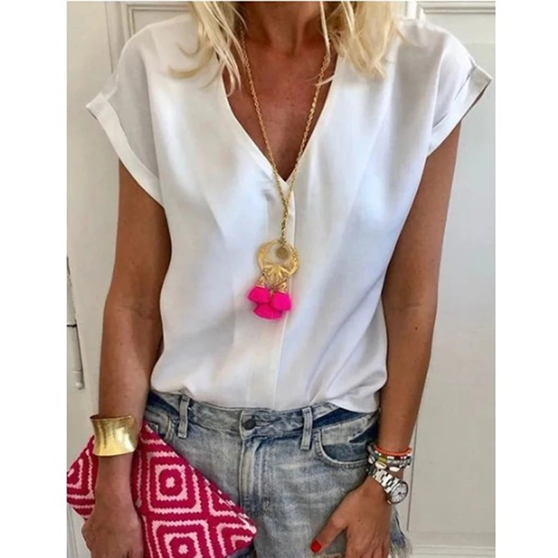 Летняя женская блузка с коротким рукавом шифоновая однотонная Свободная Женская