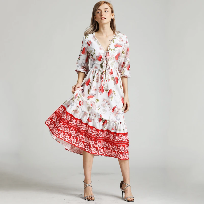 

BEFORW Women Summer Boho Chic Beach Dress Sexy V Neck Lace Up Floral Print Midi Dresses 2019 Female Elegant Party Dress Vestidos