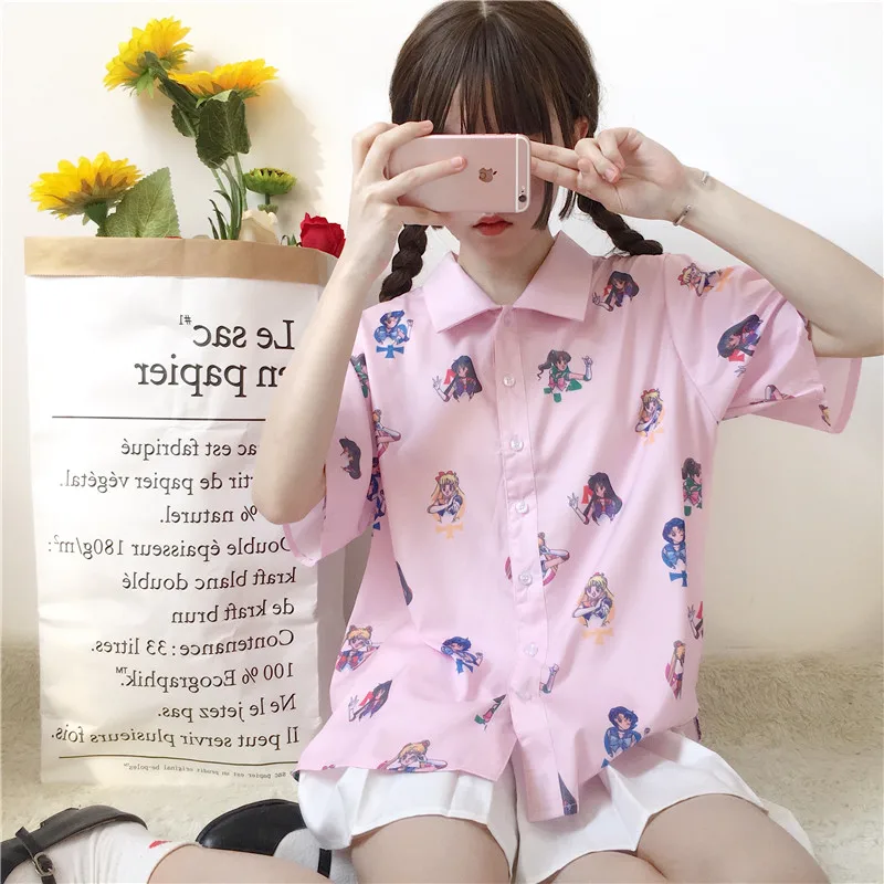 Daddy Chen Blusas Algodon, Ретро стиль, Mujer, розовая рубашка Сейлор Мун, милая мультяшная футболка, женская рубашка на пуговицах, свободная, короткий рукав, Kawaii