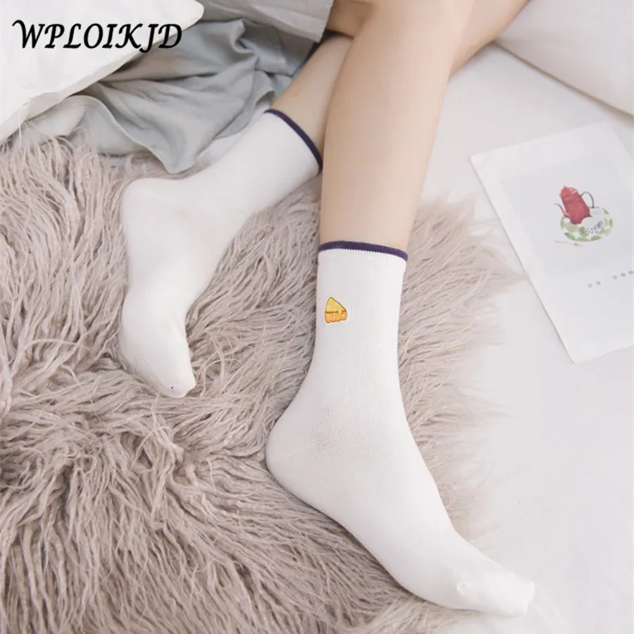 

[WPLOIKJD]1Pair Korean Creative Fashion Calcetines Mujer Embroidery Cartoon Snacks French Fries Popcorn Egg Cute Harajuku Funny