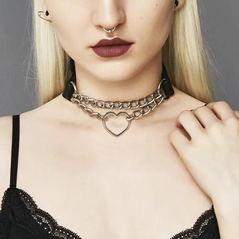 Dark Gothic Heart Chain ошейник Harajuku панк чокер Женский черный кожаный для девочек эмо