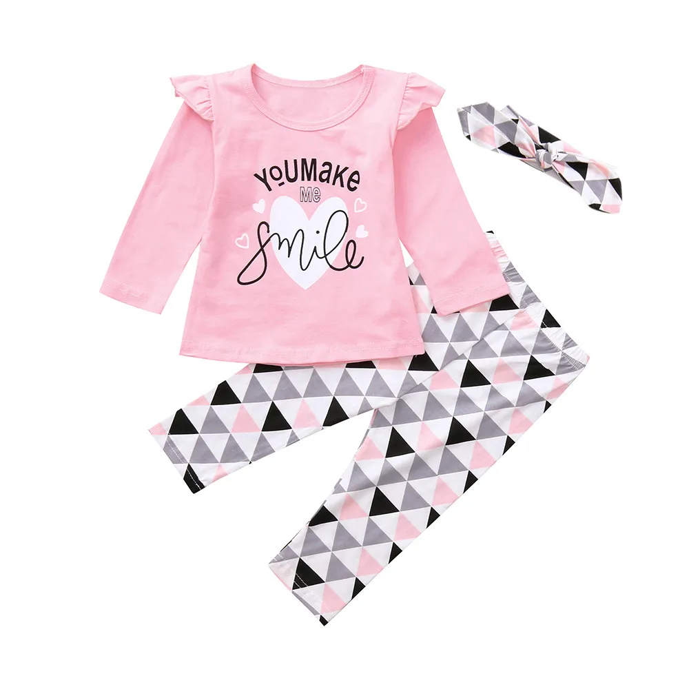 Pink Одежда для новорожденных; топы с буквенным принтом для маленьких девочек; штаны с геометрическим рисунком; комплект одежды; одежда для малышей; meisjes kleding; детская одежда - Цвет: Pink