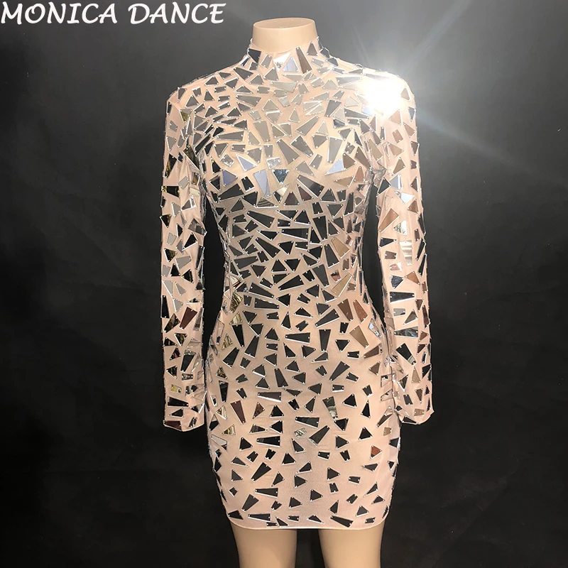 

Women Sexy Stage See Through Mirrors Mesh Dress Sequins Big Stretch Costume Stage Dance Wear Evening Birthday Celebrate Dress