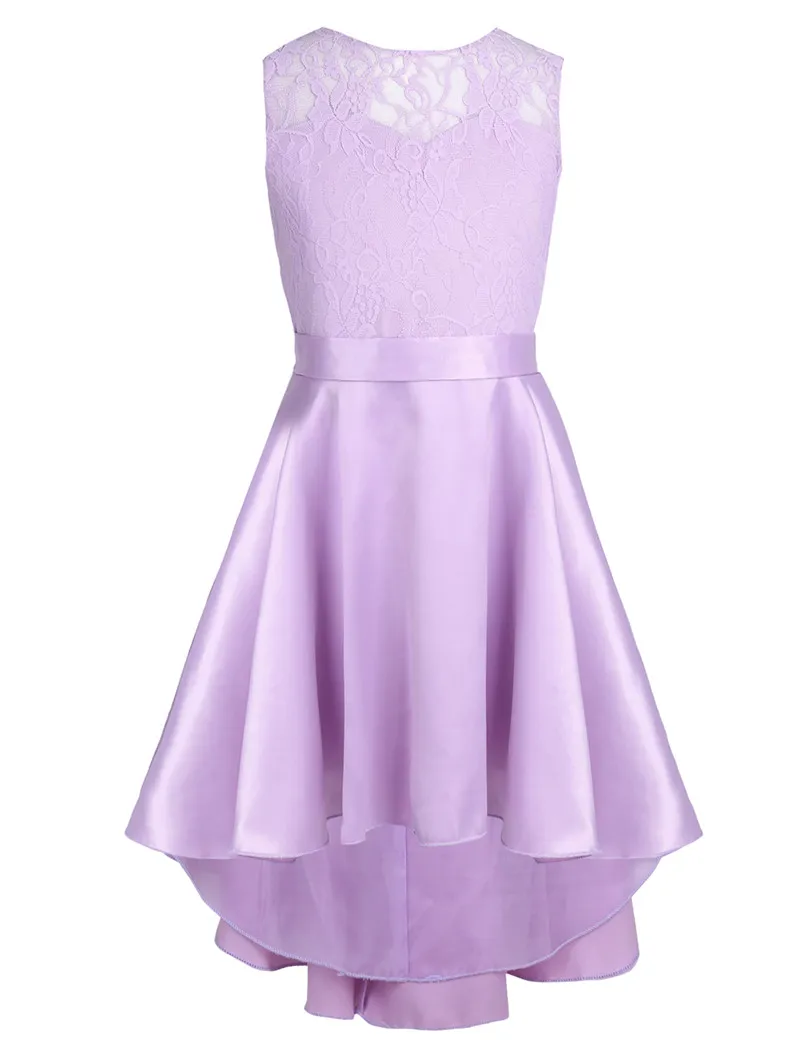 Lavender Новое модное кружевное платье с цветочным узором и v-образным вырезом на спине для девочек Пышное Платье принцессы трапециевидной формы без рукавов для свадебной вечеринки для девочек, размеры 4-14 - Цвет: Lavender