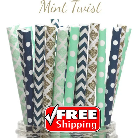 

250pcs Mixed 5 Designs MINT TWIST Themed Paper Straws-Mint,Gold,Navy,Swiss Dot,Damask,Chevron,Drinking-Vintage Wedding Party