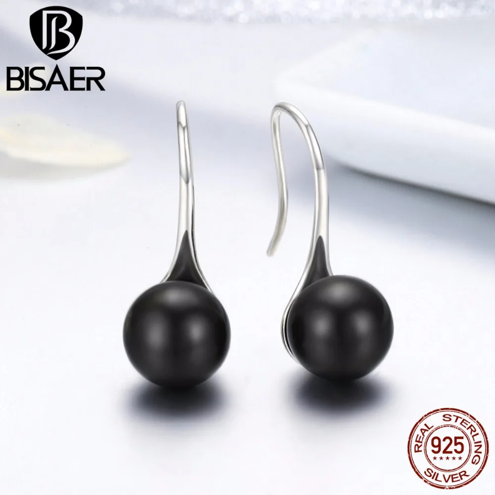 BISAER, 925 пробы, серебряные, элегантные, Круглые, черные, с искусственным жемчугом, серьги для женщин, серьги-кольца, Стерлинговое Серебро, хорошее ювелирное изделие