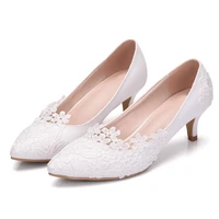 women shoes pointed toe 5cm thin high heels lace slip on flower shallow white shoes wedding shoes female pumps shoes plus size