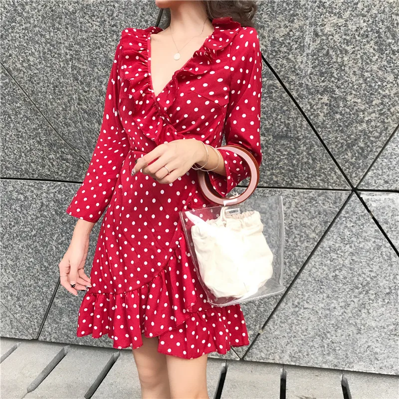 Горошек Обёрточная бумага платье Для женщин 2018 Новая мода осень с длинным