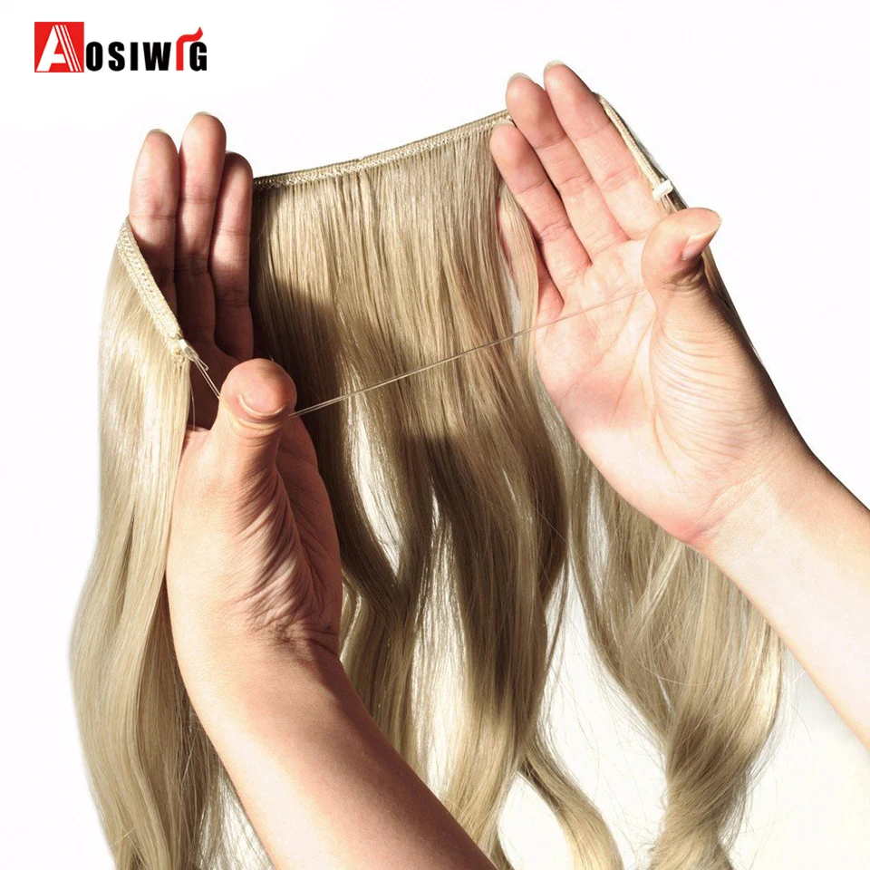 AOSIWIG 22 ''Длинные Серые светлые синтетические волосы термостойкие шиньоны рыбья линия Halo невидимые волнистые волосы для наращивания