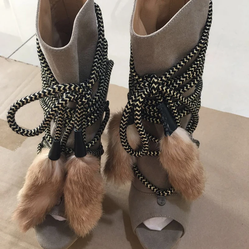 

Fashion Fur Fringed Lady Short Ankle Boots Peep Toe Lace Up Extreme Thin High Heel Sexy Lady Party Shoes Unique Style Sandals