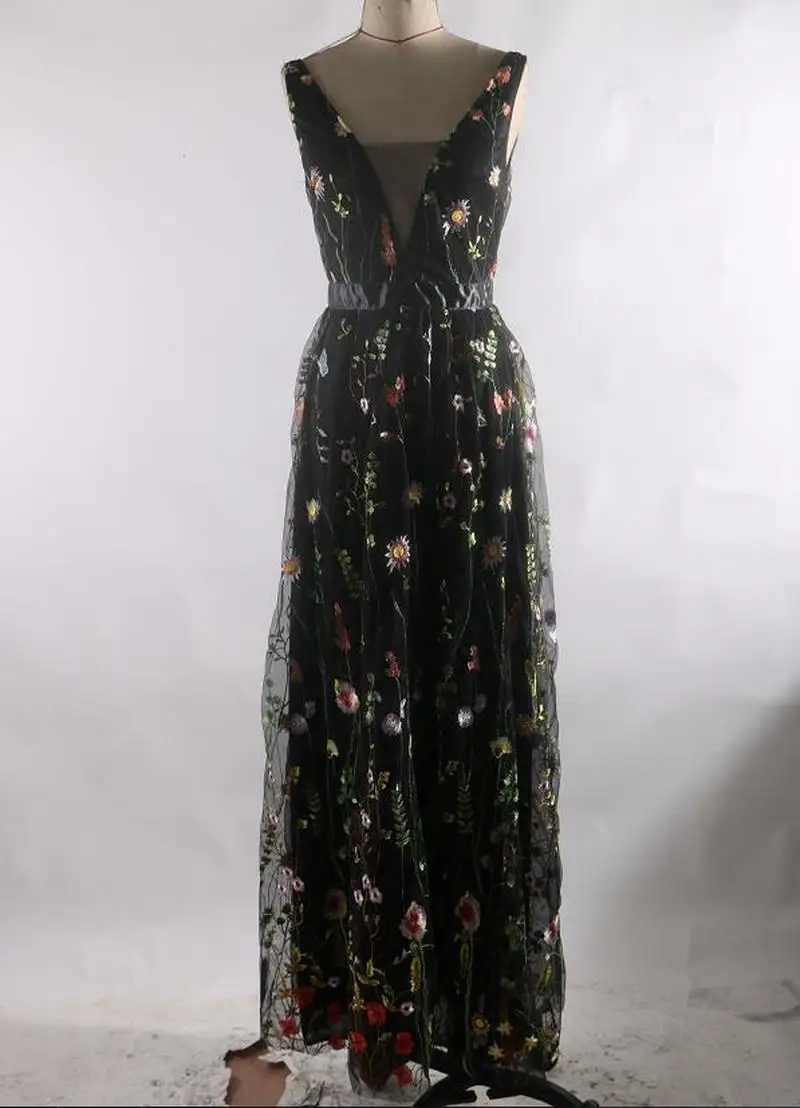 Women Sexy Mesh Embroidery Dress Slim V Neck Backless Black Autumn Winter Long Gown Party Vestidos De Fiesta | Женская одежда