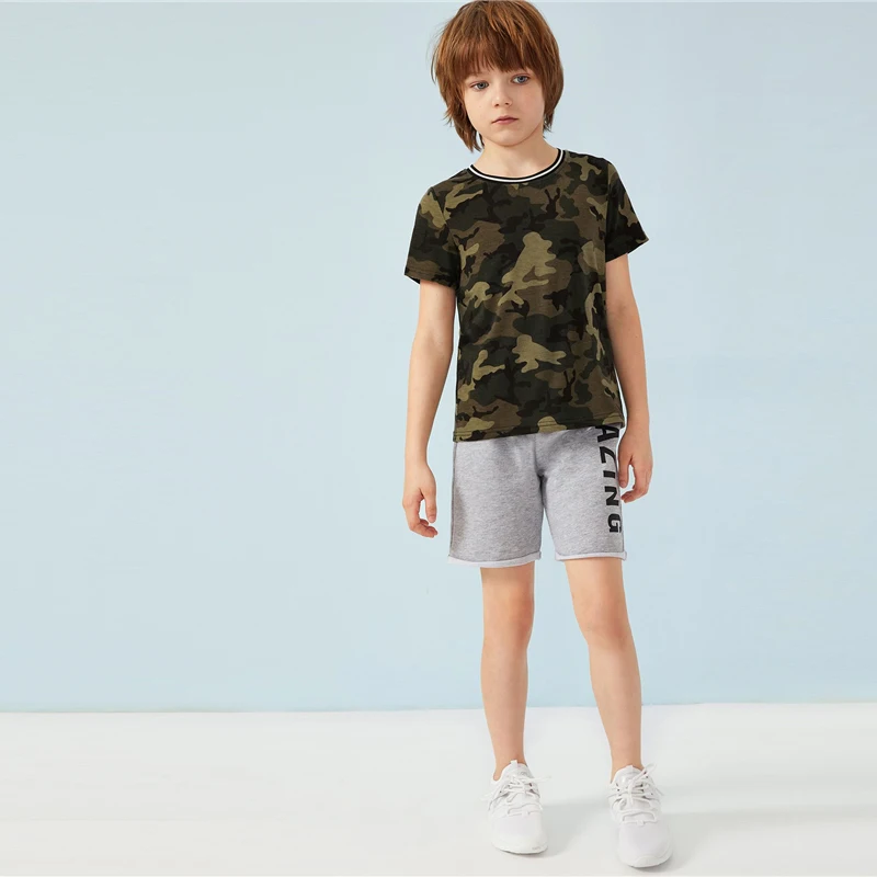 SHEIN/детская футболка в полоску с камуфляжным принтом для мальчиков, детская одежда, г. Летняя Повседневная футболка для подростка с короткими рукавами, топы
