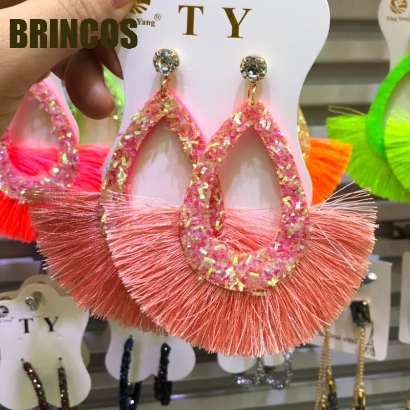 12 Earrings for women Neon green Tassel boho gold korean indian jewelry statement drop handmade oversize bohemia aliexpress - Metal Color: 12