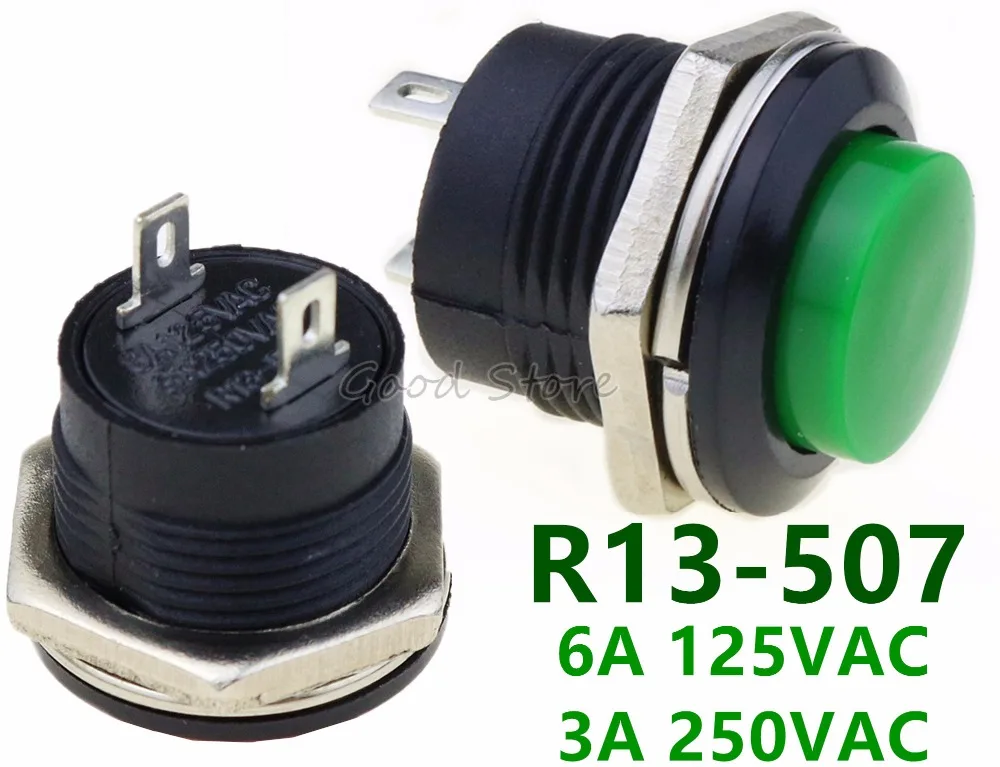 5 шт. R13-507 зеленый цвет Мгновенный кнопочный переключатель выключение сброс 16 мм 3A