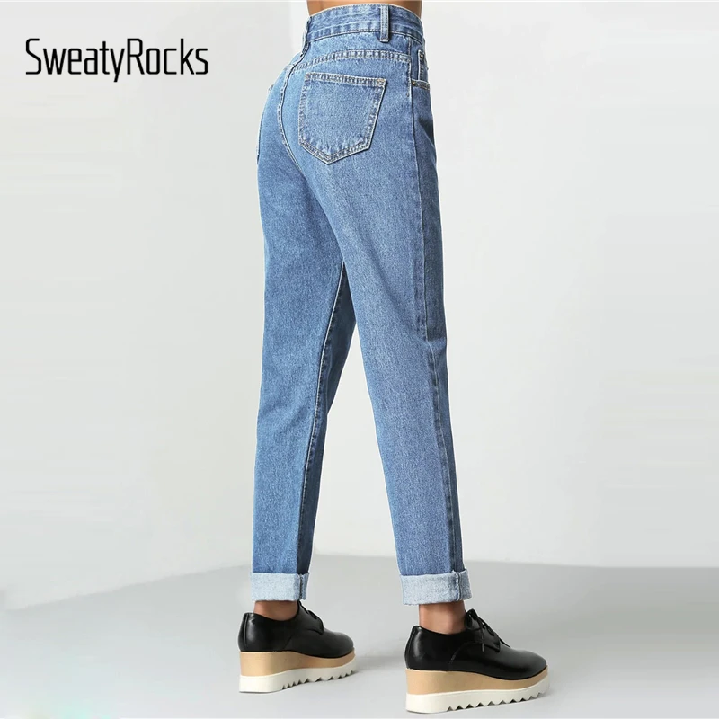 SweatyRocks, закатанные джинсы для мам, уличная одежда, женские повседневные свободные однотонные штаны и брюки, весенние джинсы на молнии