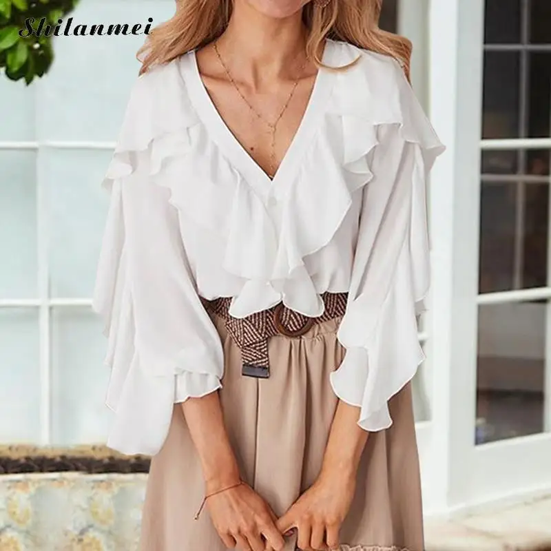 Женская Свободная блузка с оборками шифоновая Повседневная однотонная белая