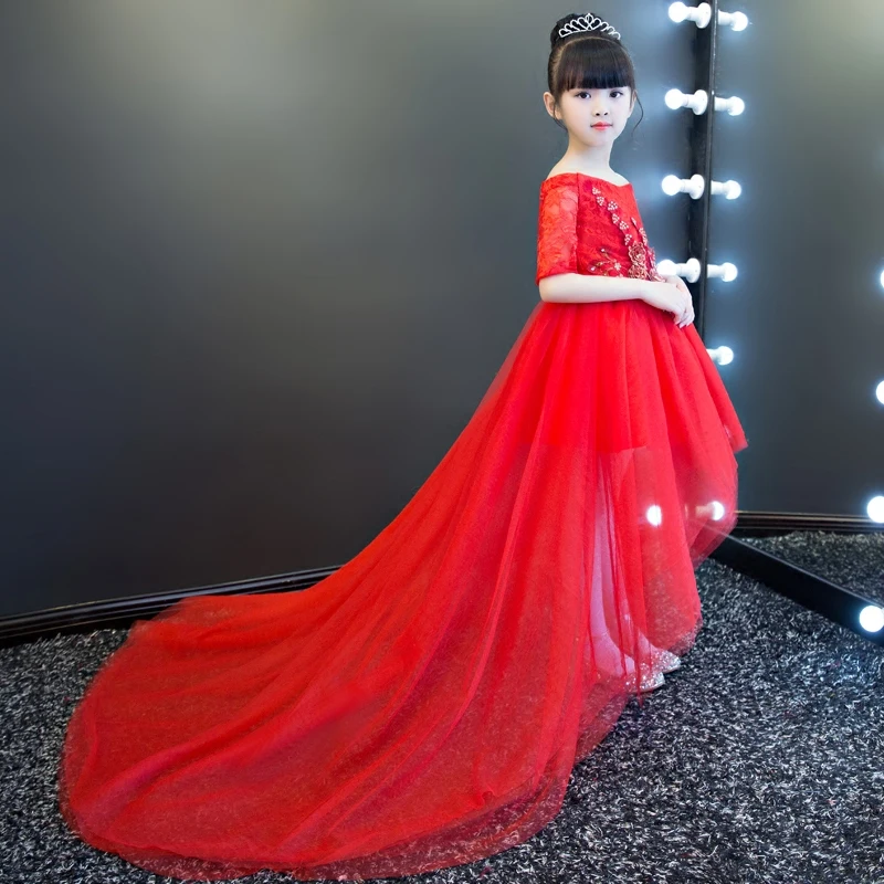 Red Royal Shoulderless Long Tailing Princess Flower Girls Dress Backless Appliques Ball Gown Kids Pageant For Wedding M44 | Детская