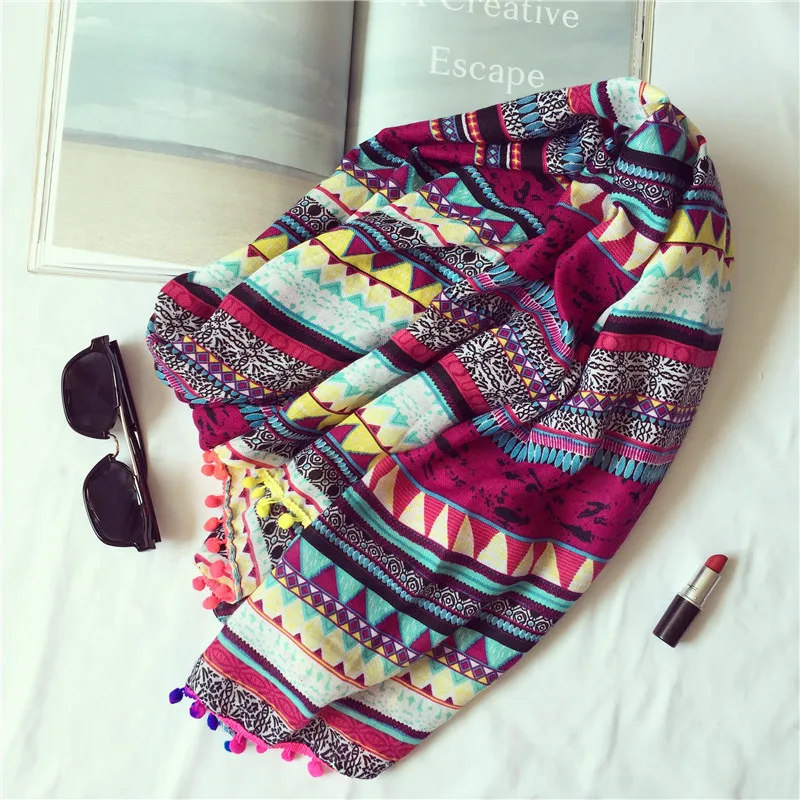 2017 Новый геометрический шарф в богемном стиле Модная отделка с помпоном