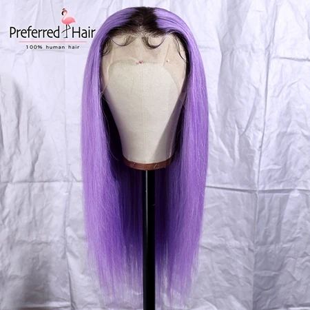 Ombre Purple Предпочитаемый ледяной блонд парик на кружеве прямой фиолетовый Омбре человеческие волосы парик бразильский Remy бесклеевой прозрачный парик на шнурке для женщин - Цвет: Ombre Purple