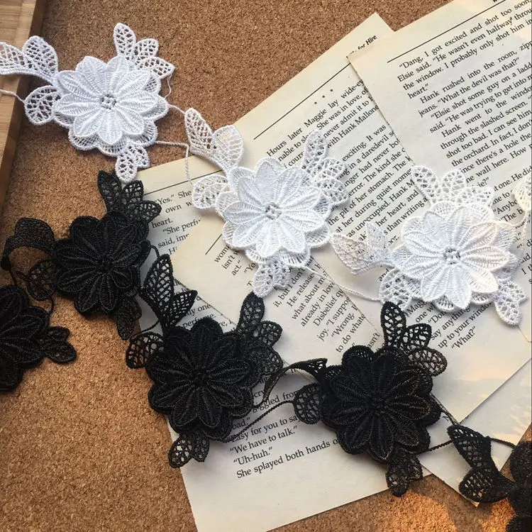 3 ярд изысканный трехмерный цветок черный и белый полиэстер водорастворимые