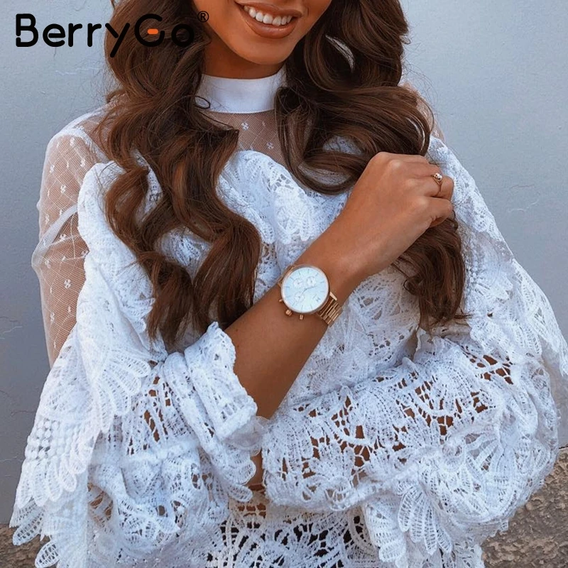 BerryGo белая женская блузка рубашка кружевная сетка вышивка Элегантный полый с
