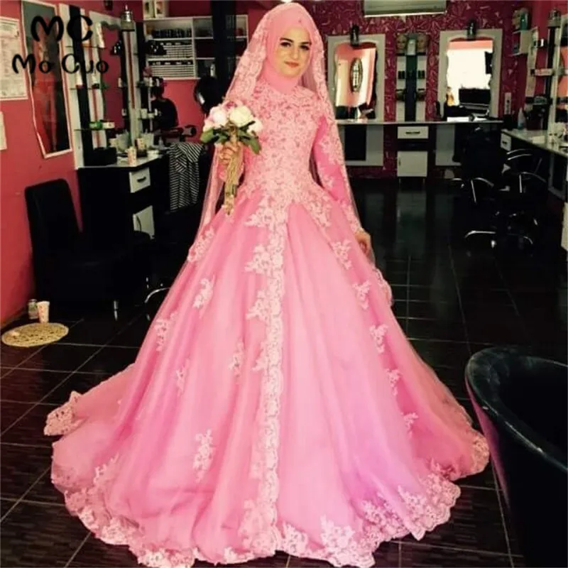 

Blush Pink 2018 Puffy Dubai Muslim wedding dress with Long Sleeve Appliques Bridal Gowns Arabic Vestido De Noiva Wedding dresses