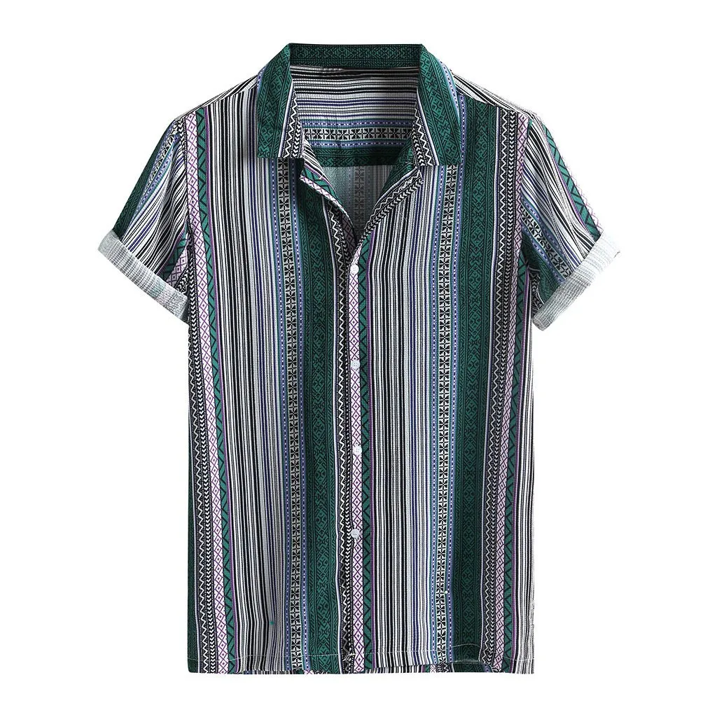Green Blouse Shirt Men Rainbow Striped Hawaiian Holiday Short Sleeve Summer Casual Harajuku Top Camisa Hombre Street Clothes 19Je - Цвет: Green