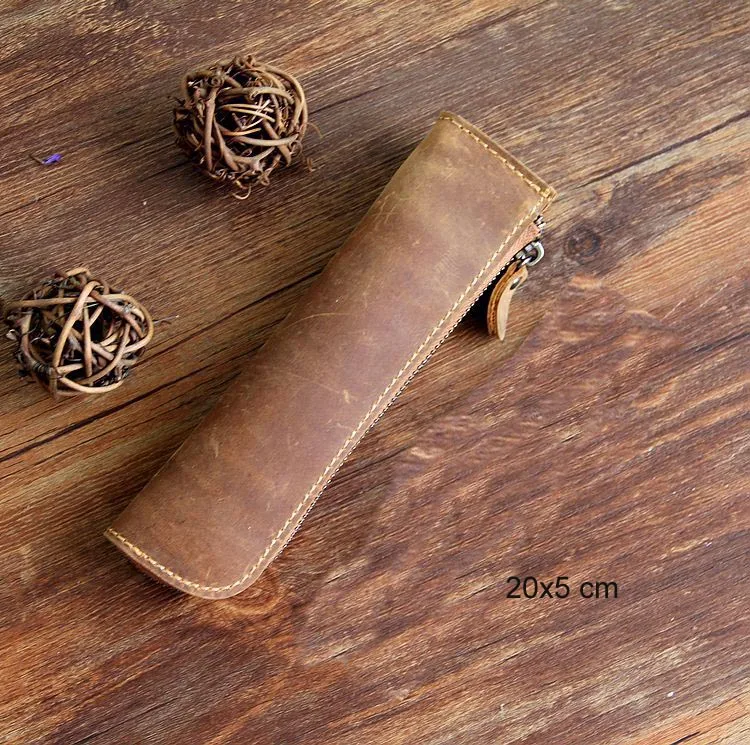 light brown Многофункциональная винтажная сумка для ручек из натуральной воловьей кожи, сумка для карандашей, канцелярский органайзер, держатель на молнии, большая вместительность 1124 - Цвет: light brown