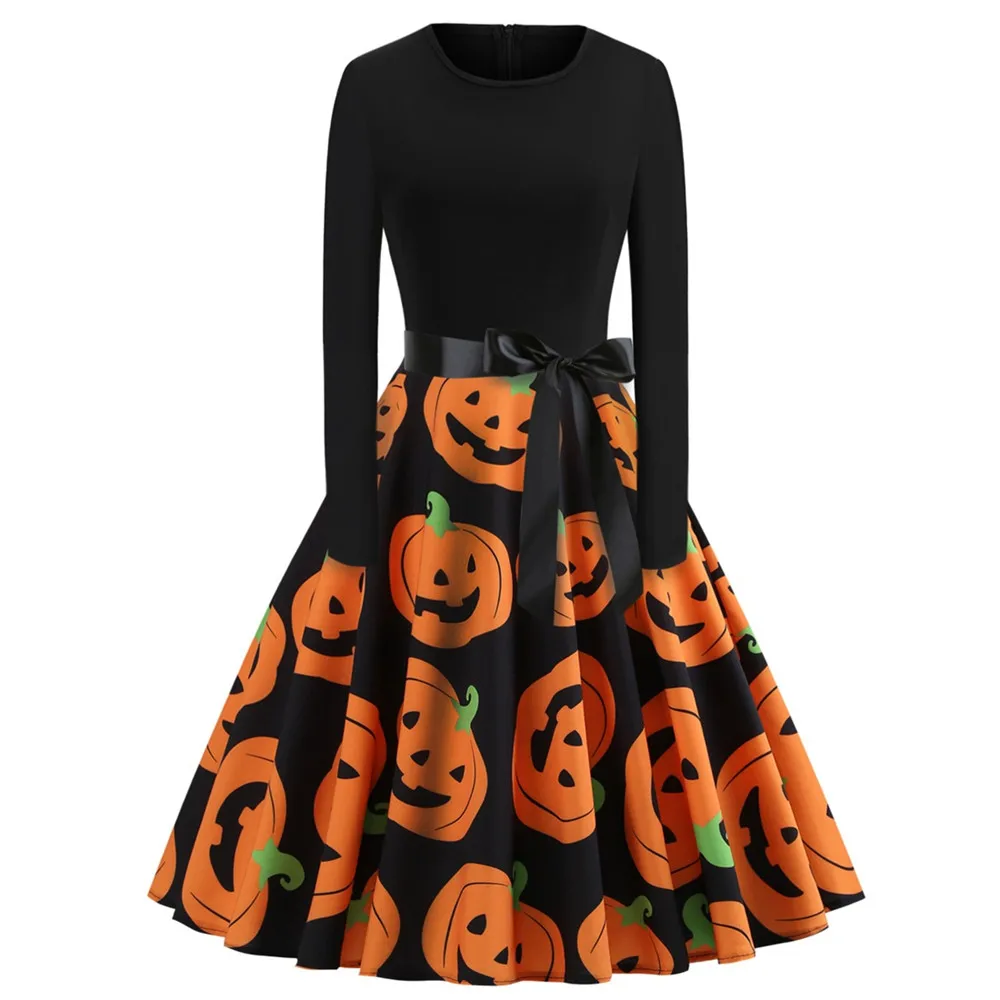 

Fast Sending Gril Women Halloween Pumpkin Skull Print Long Sleeve Party Swing Mini Dress Halloween Party costume